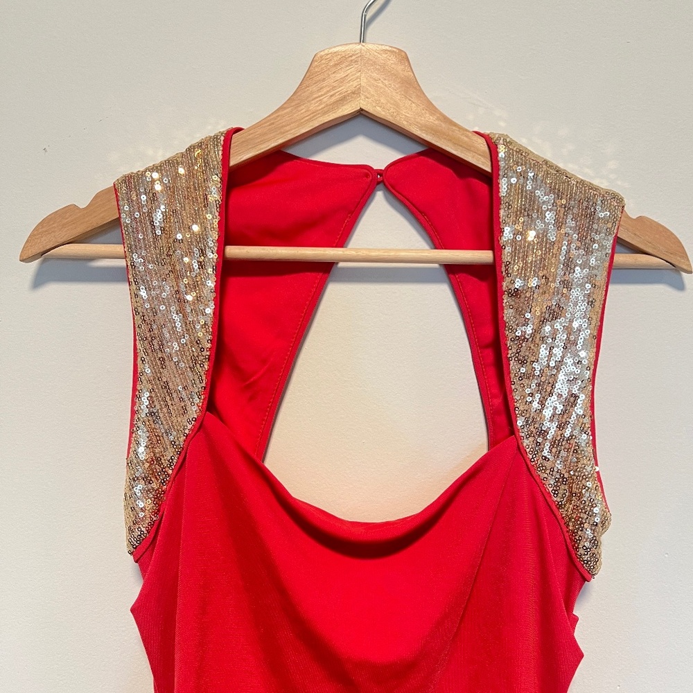 CALVIN KLEIN orange/red long gown with gold sequence